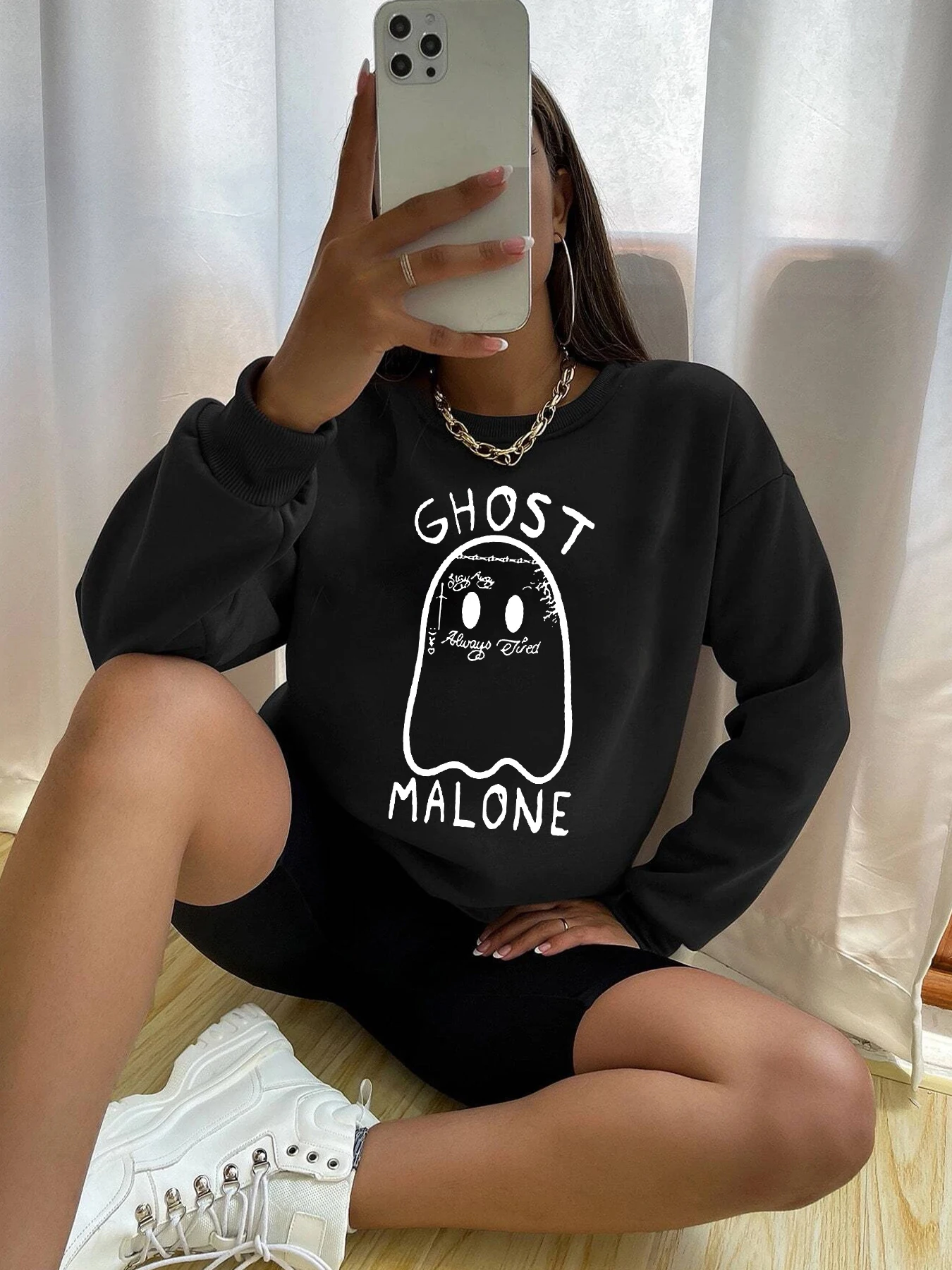 Creative Troublemaker Left Chest Print Round Neck Sweatshirt Women Thin Hooded Sweatshirt Y2K High Street Halloween Clothing