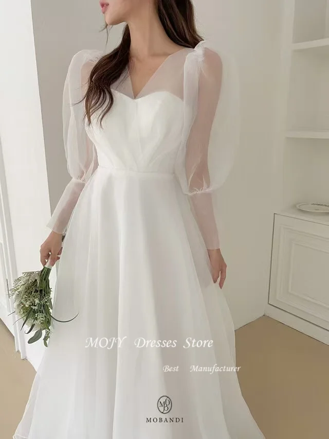 Mojy Princess V Neck Wedding Dress Korea Photo Shoot Beading Long Sleeves A Line Birthday Party Dress Floor Length Customized