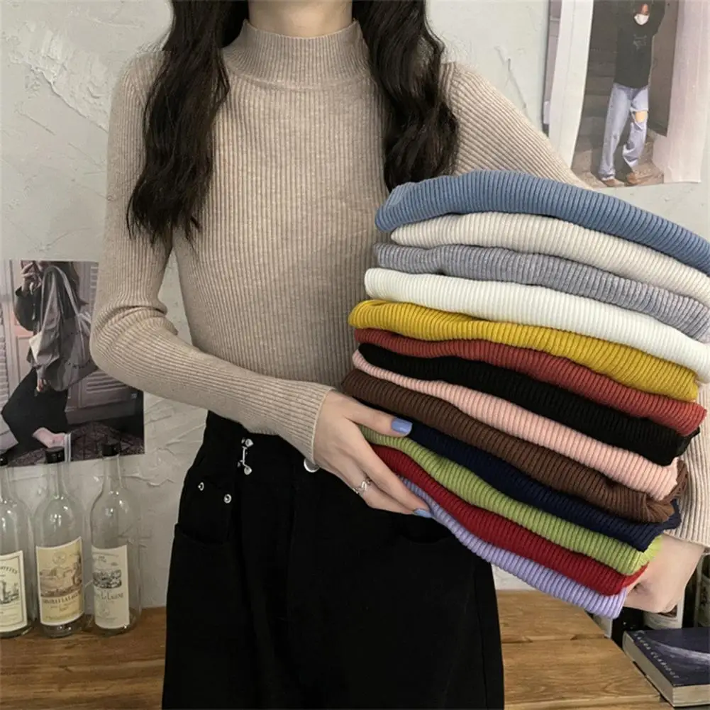 Pull à col roulé et manches longues pour femme, Slim et élastique, style coréen, tricoté, collection automne 2022