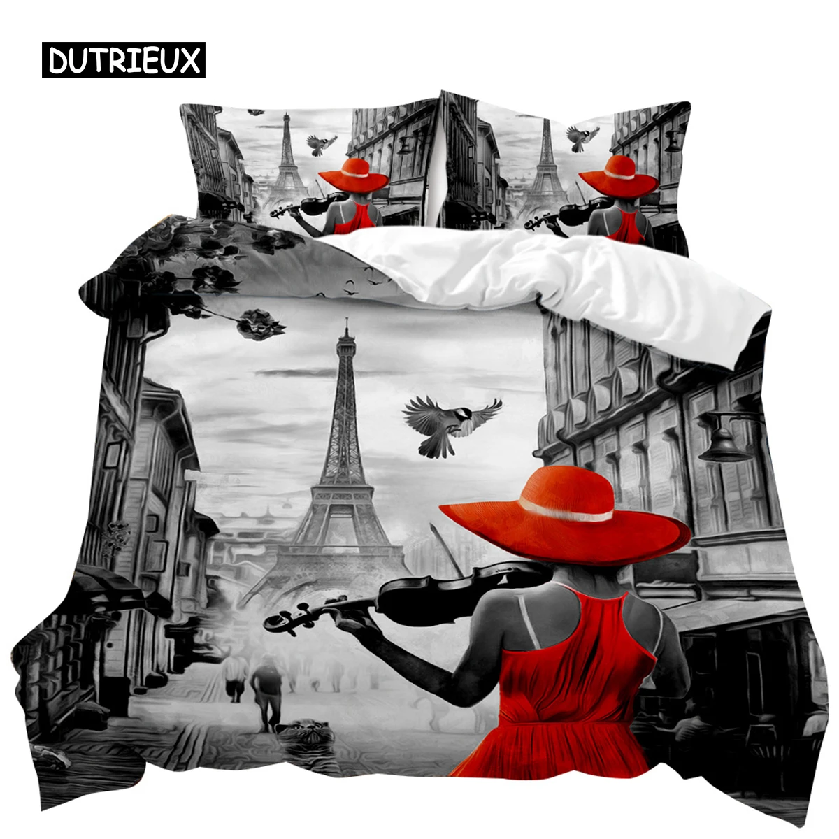 Retro Architectural Duvet Cover Woman In Red Dress Plays The Violin At The Eiffel Tower Double Queen King Polyester Qulit Cover