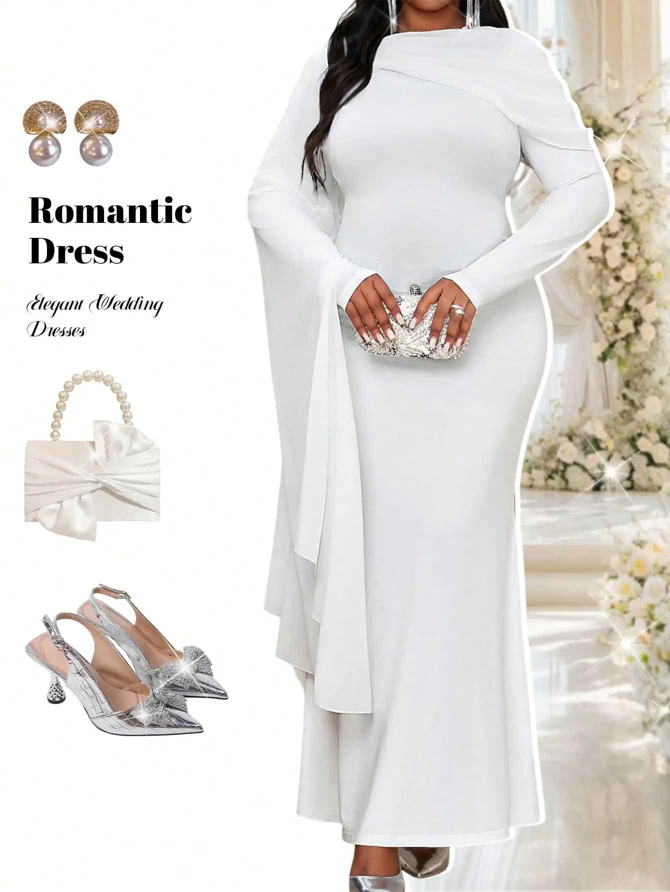 

White Elegant Mermaid Dress with Cape Sleeve for Wedding Party