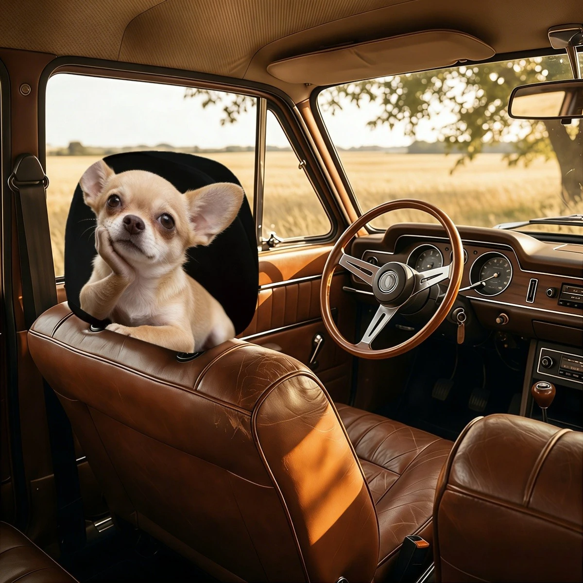 Cute Chin-Rest Chihuahua Headrest Covers, 2-Piece Set,Elastic Snug Fit Car Headrest Covers, Front and Rear Seat Decorations