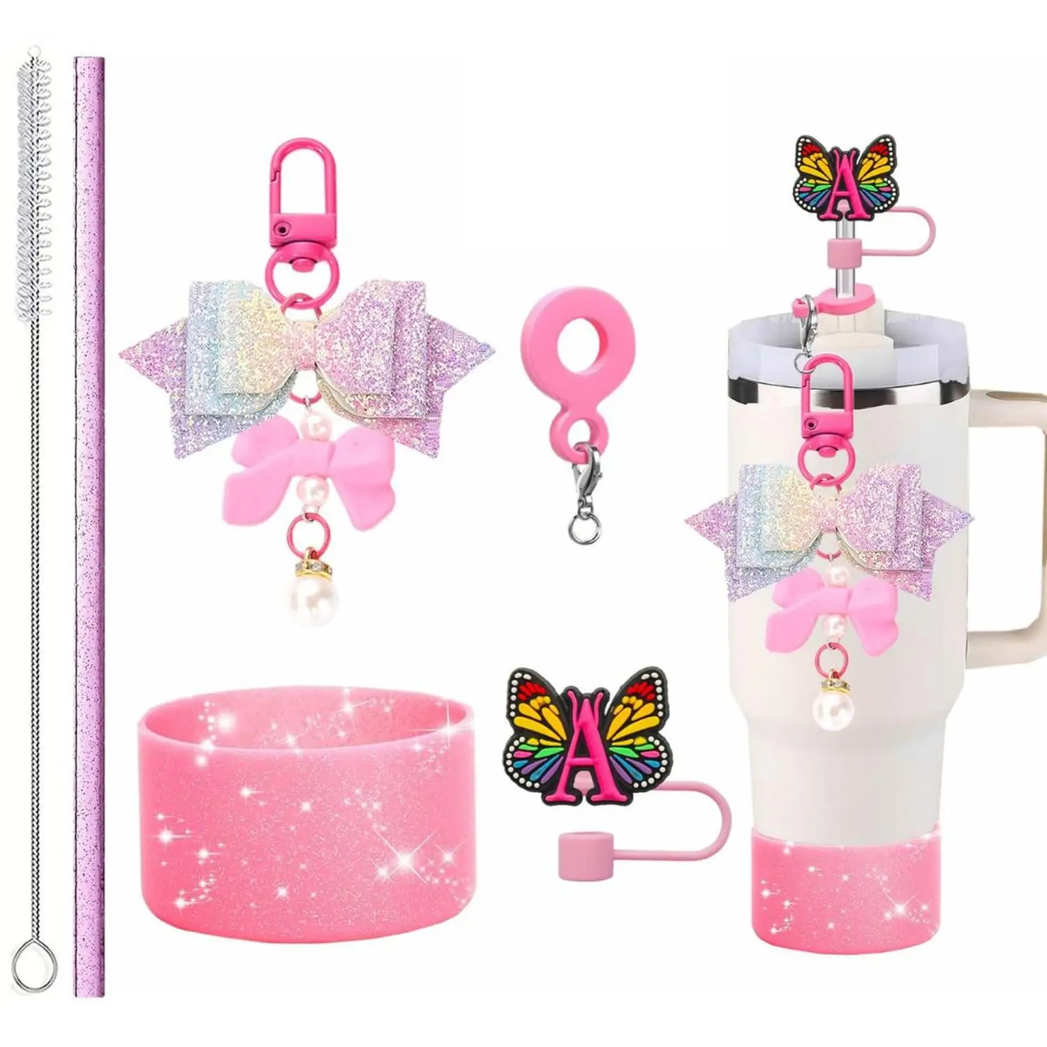 New Arrival for Stanley Bow Letter Straw Topper with Pearl Bow Charms And Cup Sleeve - Eco-Friendly Straw Brush Included