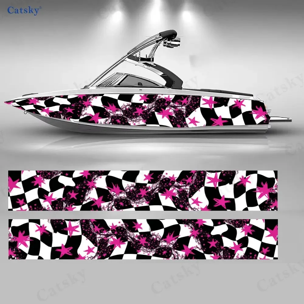 2Pcs Pink Star Checkerboard Boat Stickers, PVC Waterproof Durable Vinyl Wrap Decals for Fishing Boat, Durable and Stylish Design