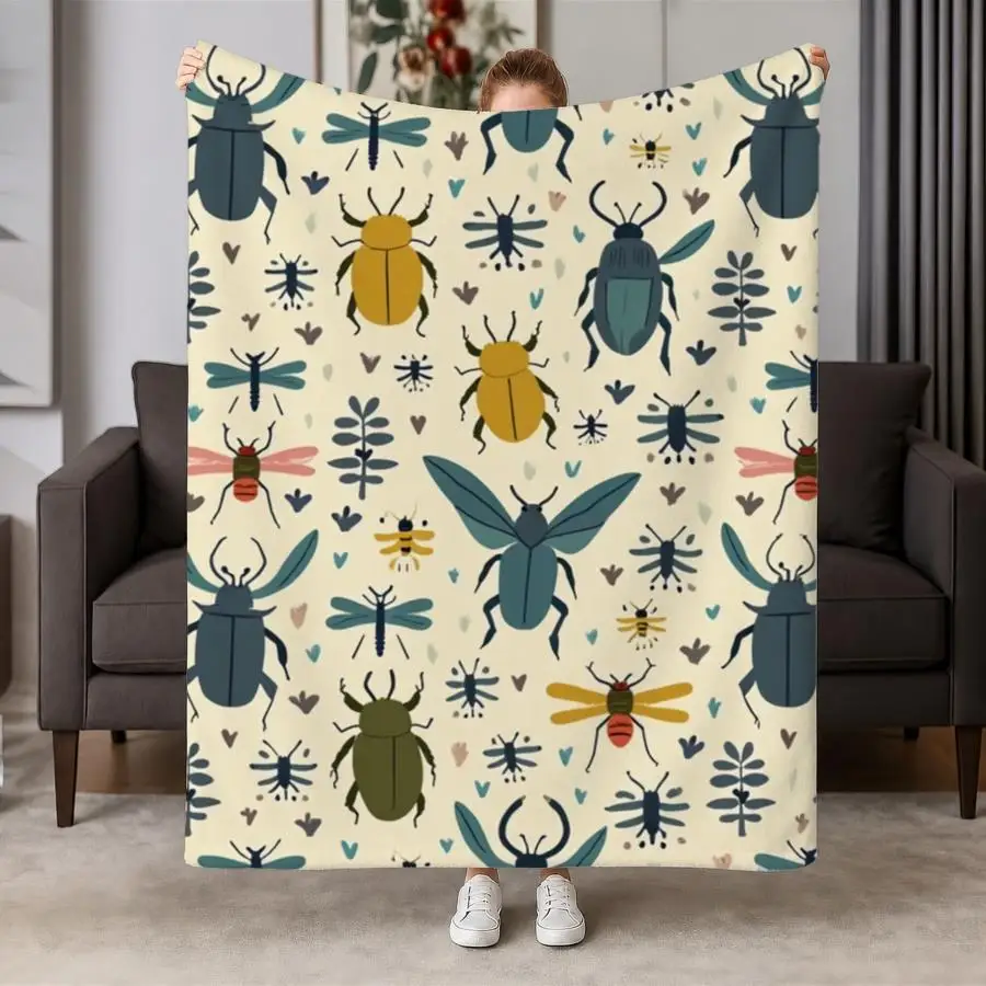Cozy Pastel Insect Print Flannel Throw Blanket Suitable for Couch, Bed, Office & Travel - Soft Weighted Bedspread with Beetle, Dragonfly & Firefly Patterns, Cream Background, Machine Washable Warm Gift for &, - Bedding, 2D Flat