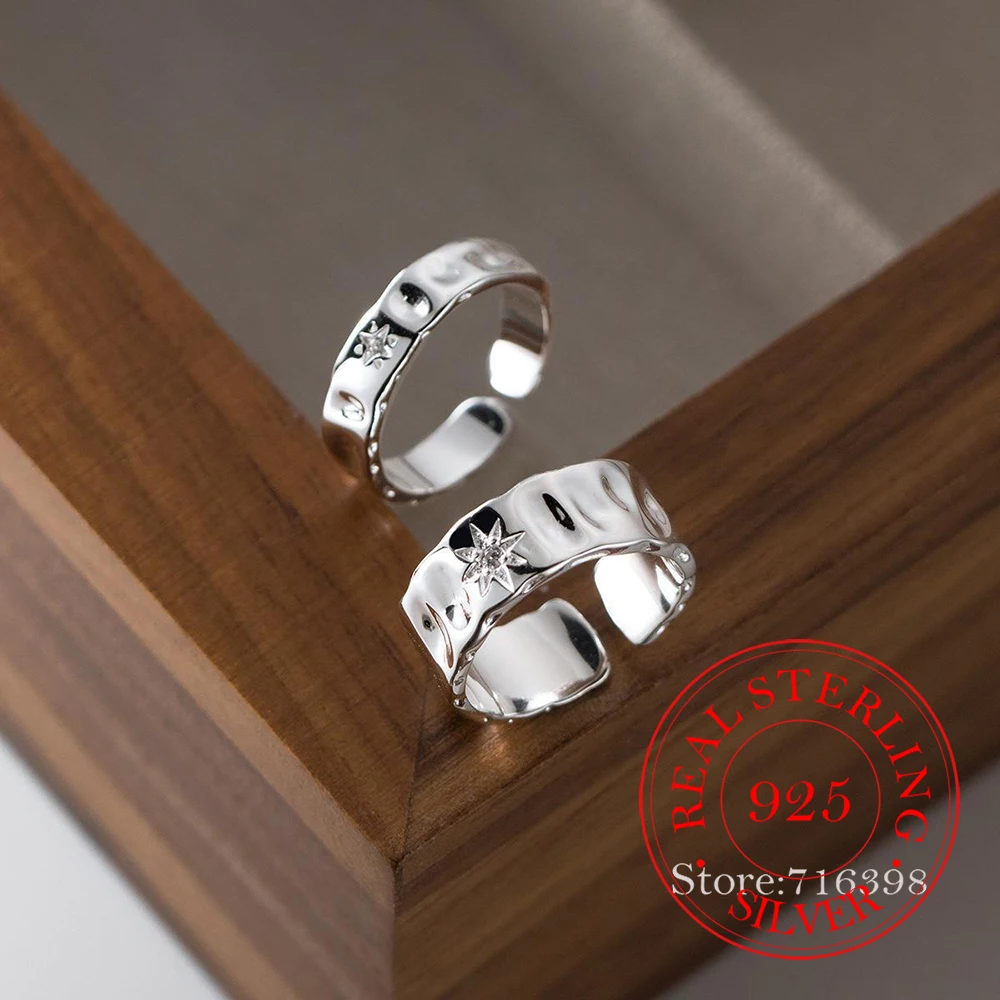 

S925 Sterling Silver Adjustable Finger Rings For Women Men Irregular Astar Zircon Couple Ring Anillos Mujer Fine Jewelry Gift