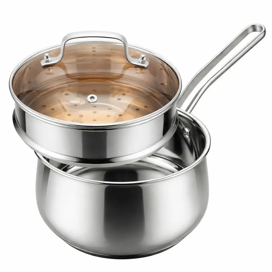 

Stainless Steel Saucepan with Steamer Basket and Glass Lid, 18 8 Food Grade Small Soup Pot with Steamer Insert, Induction Compat
