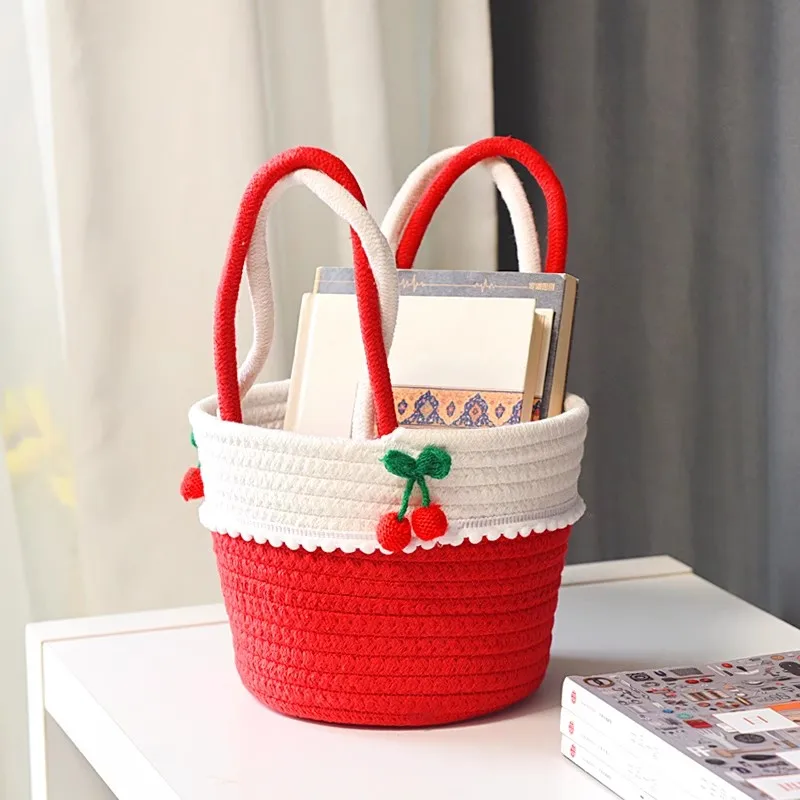 

Handwoven Colorful Bag Bucket Bag Cosmetics Storage Bag Cotton Thread Storage Basket Picnic Carrying Basket