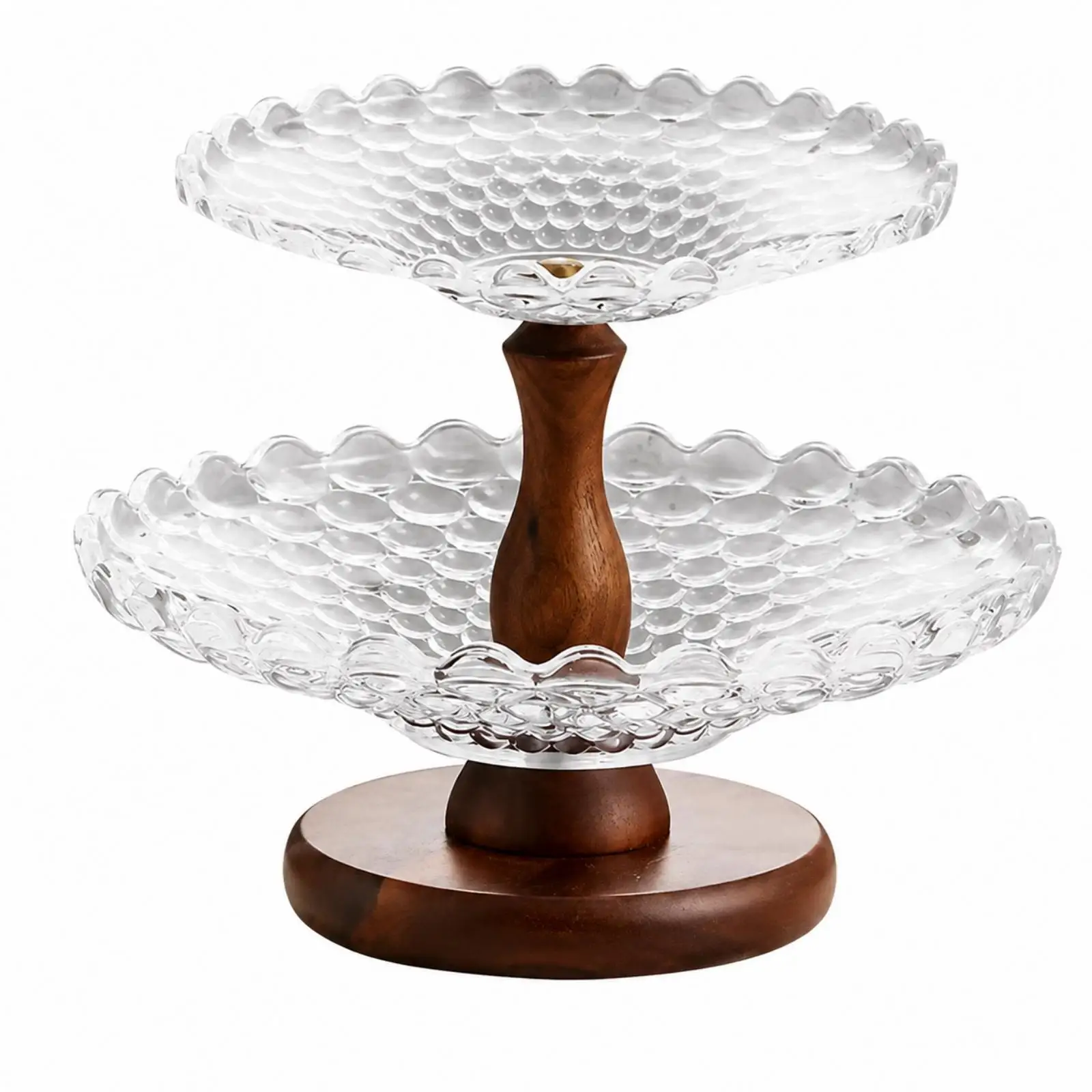 Two-Tier Fruit Serving Stand All-Purpose Glass Tray Stand with Wooden Base