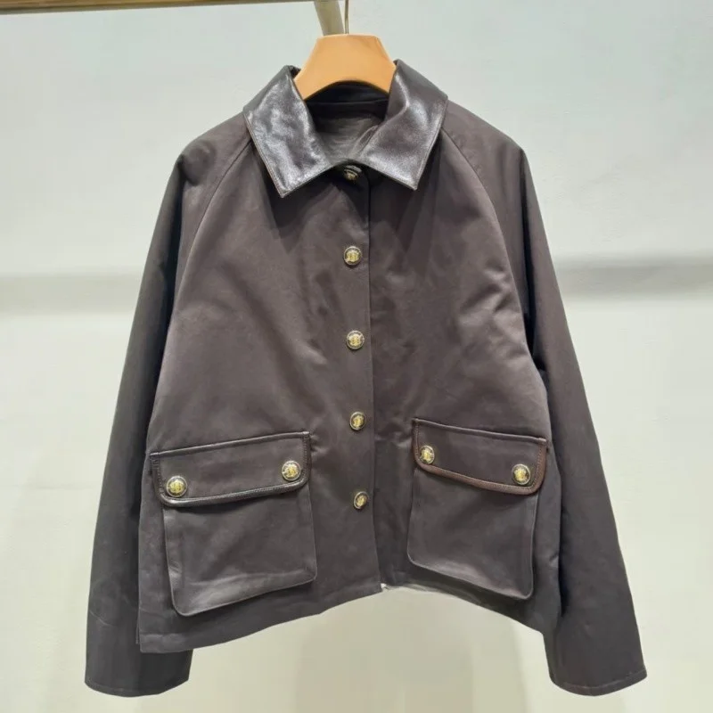   S Home Herfst 2025 Faion ort Leren Jaet met katoenen klepkraag in Dimuer Sle losse damesjas