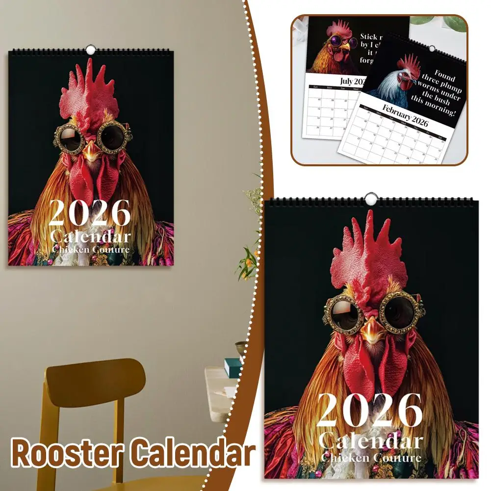 

2026 Funny Rooster Wall Calendar - Sunglasses Red Crown Big Rooster Design, Creative Home Office Decor Hanging Calendar