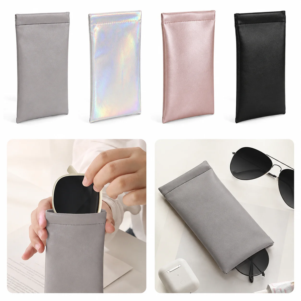PU Leather Squeeze Eyeglasses Bag Soft Waterproof Sunglasses Protector Case Anti-Scratch Glasses Storage Bag Phone Eyewear Organ