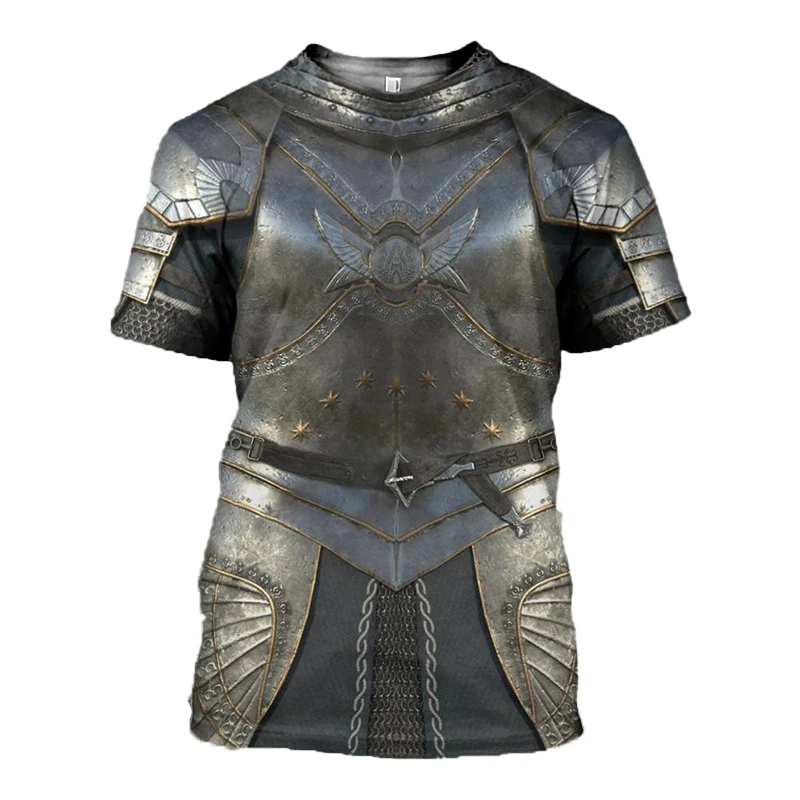 2023 Medieval Knight Armor Short Sleeve T Shirt Men\'s 3d Print Round Neck Casual Loose Men\'s Streetwear Clothes Tops