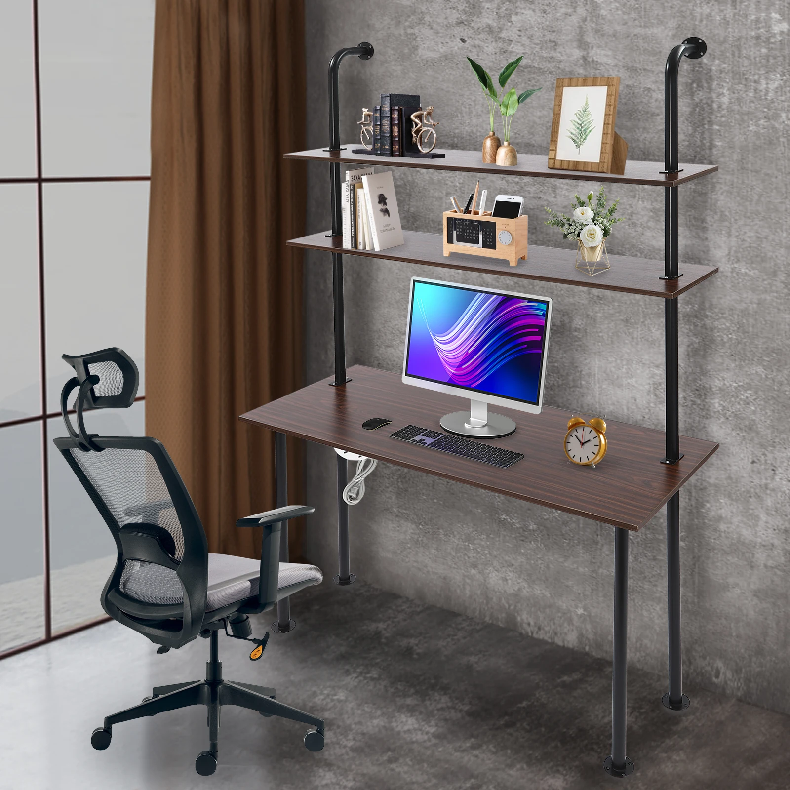 3 Tier Wall Mounted Desk Floating Shelves Organizer for Home Office Space Saving Computer Writing Table Workstation