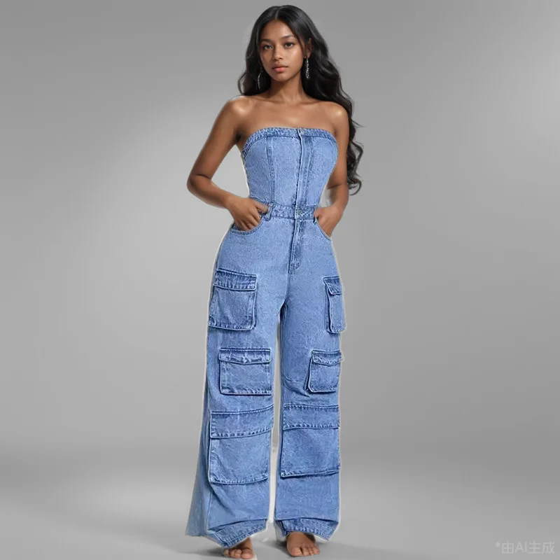 2024 Autumn Fashion Multi Pockets Strapless Cargo Denim Jumpsuits Trendy Off-shoulder Solid Color Jeans Female 1LS003