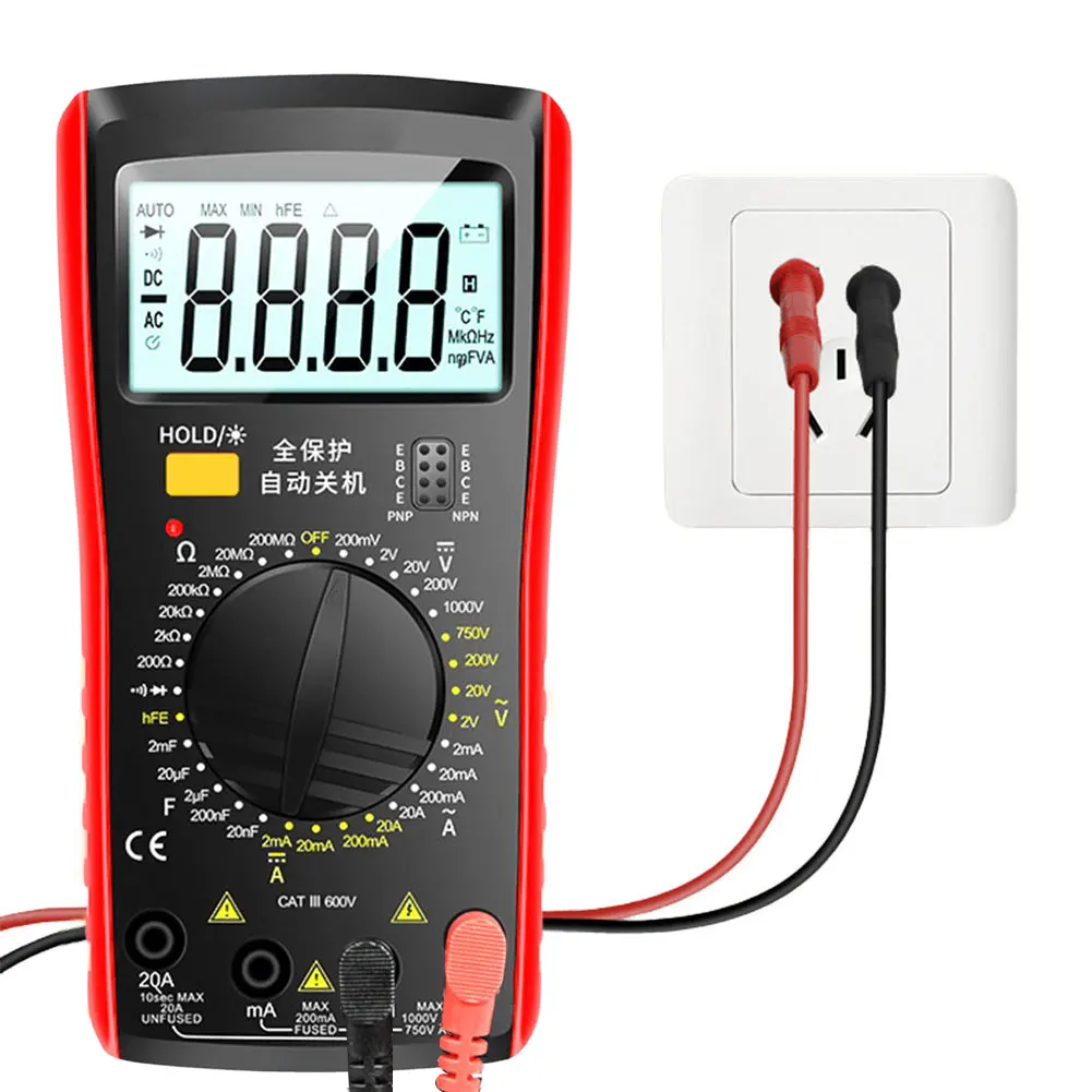 Digital Multimeter 1999 Counts Ohm Volt Amp Meter Auto-Ranging Diode Tester Measures Voltage Current Resistance Continuity