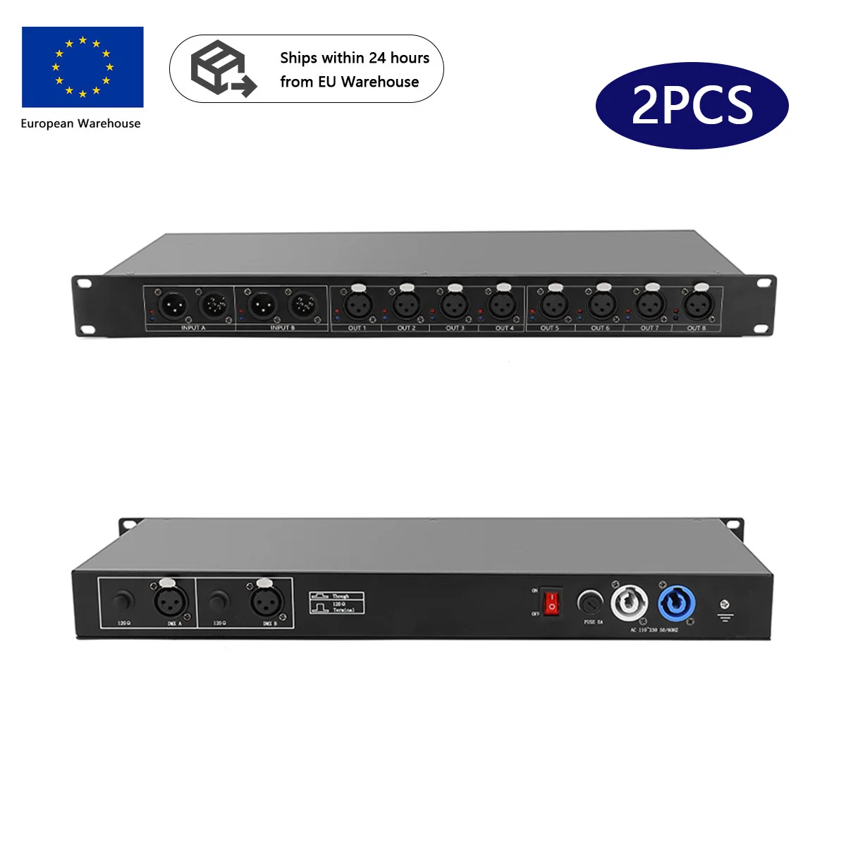 2PCS Splitter di Isolamento Fotoelettrico DMX512 a 8 Canali, Amplificatore Ottico, Distributore di Segnale per Luci da Palcoscenico a 8 Canali
