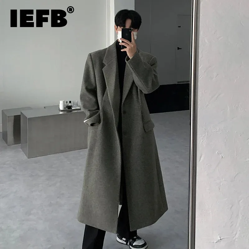 IEFB Autumn Winter Men\'s Woolen Overcoats Lapel Shoulder Padded Solid Color Single Breasted Over Knee Male Windbreakers 9C8288