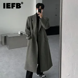 IEFB Autumn Winter Men's Woolen Overcoats Lapel Shoulder Padded Solid Color Single Breasted Over Knee Male Windbreakers 9C8288