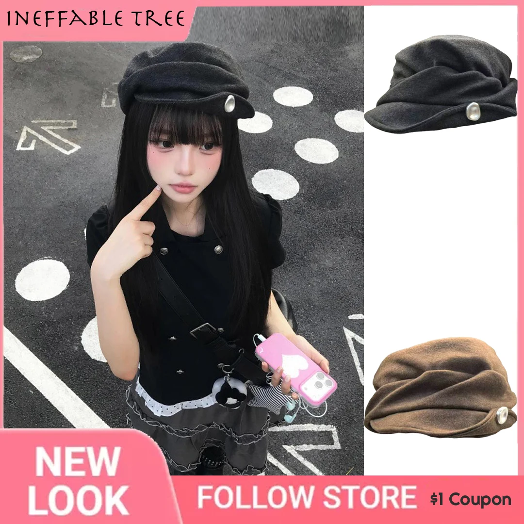 Y2K Lazy Irregular Pleated Design Metal Buckle Beret Hats for Women British Summer Autumn Street Casual Painter Cap Boina Kawaii