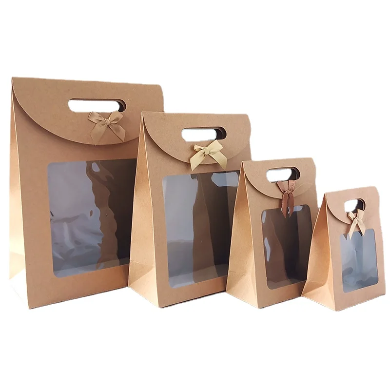 12/24/48pcs Kraft Paper Flip Open Window Tote Bag with Ribbon Bow Wedding Birthday Party Gift Packaging Handbag Cookie Candy Bag