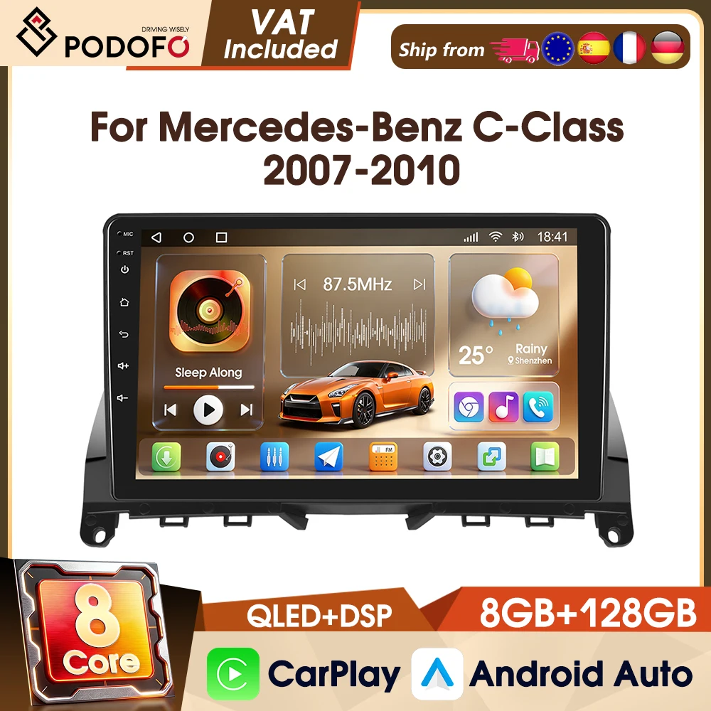 Autoradio stereo Podofo 4G Wireless CarPlay per Mercedes-Benz Classe C 2007-2010, Android Auto, 8-Core, 8+128G, WIFI, GPS, DAB, sistema intelligente per auto da 9"