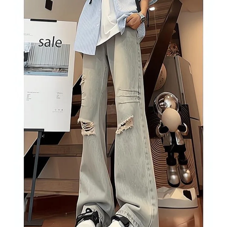 

American Retro Ripped Jeans Men's Summer Pants High Street Vibe Straight Micro-pull Trousers