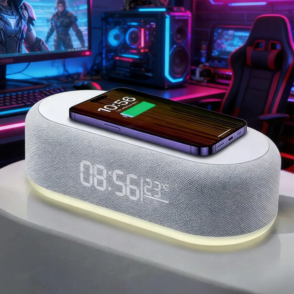 Wireless Charger Pad Phone Alarm Bedroom Lamp Night Light Desktop Clock Thermometer For iPhone 17 16 15 14 13 Fast Charging Dock