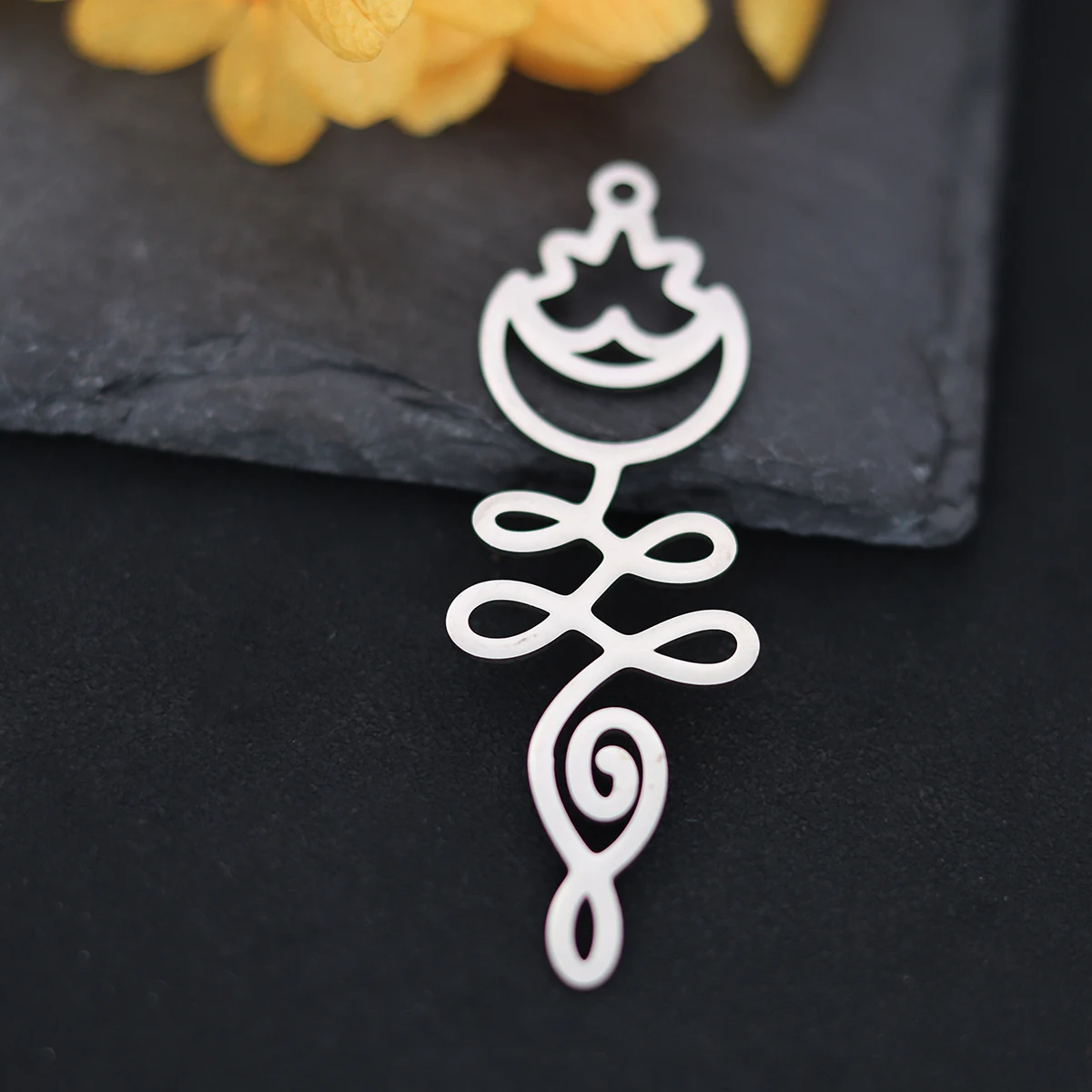 3PCS Tulip Flower Crecent Moon and Lotus Unalome Charms DIY Necklace Earrings Buddhist Symbolic Amulets Stainless Steel Pendant