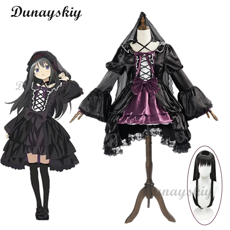 Anime Puella Magi Madoka Magica Cosplay Akemi Homura Cosplay Clothes Wig Set Veil Black Dress Lolite Women Halloween Party Cos