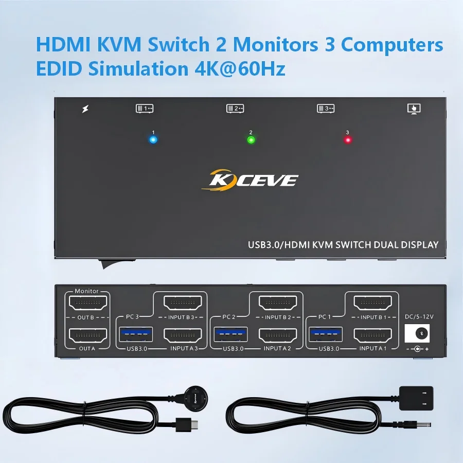 

KCEVE KVM Switch 2 Monitors 3 Computers 4K@144Hz/4K@60Hz, HDMI Displayport KVM Switch Dual Monitor for 3 PC Share 4 USB 3.0 Port