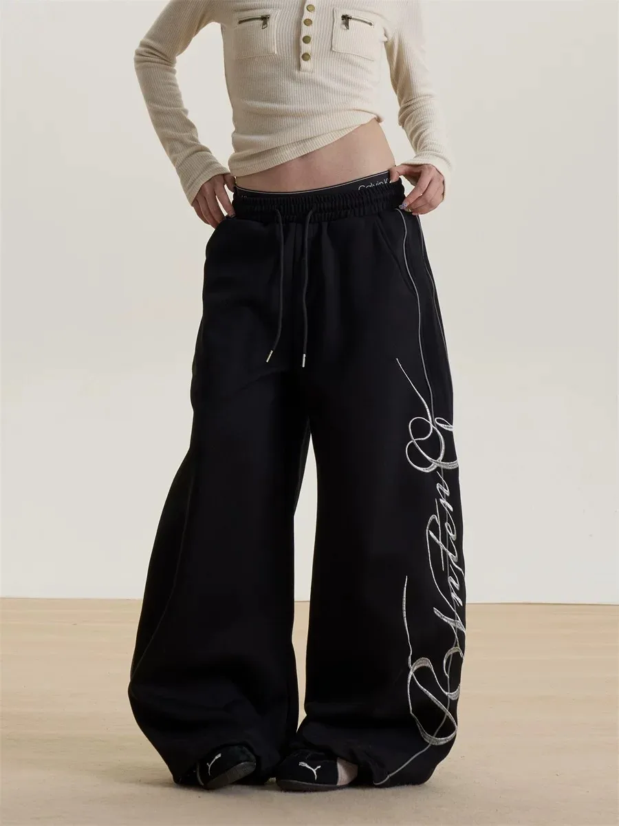 American Street Style Embroidered Wide Leg Sweatpants Women's Spring Autumn Loose Drape Casual Pants Jazz Dance Sports Pants