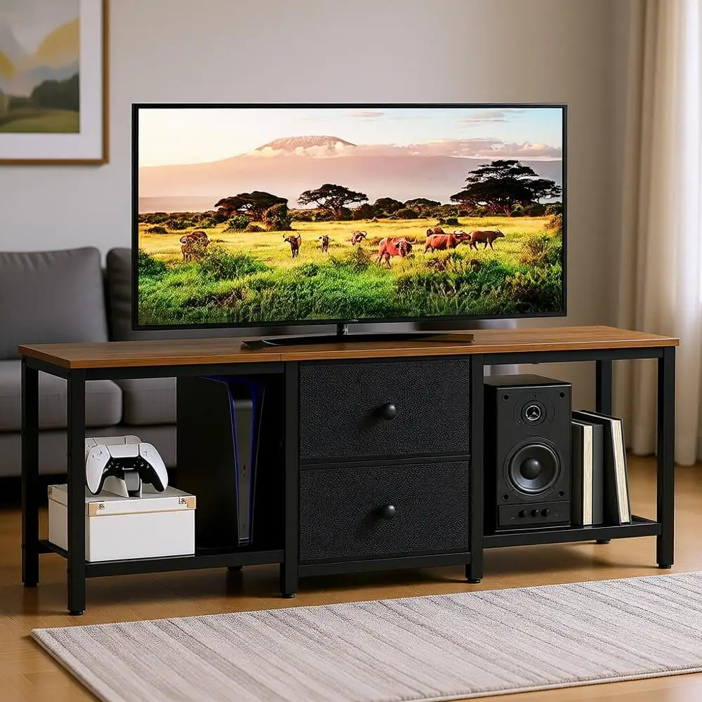 

Тумба под телевизор 55 дюймов с тканевыми дверцами, для хранения медиаустройств, в деревенском стиле, коричнево-черная, для гостиной, спальни