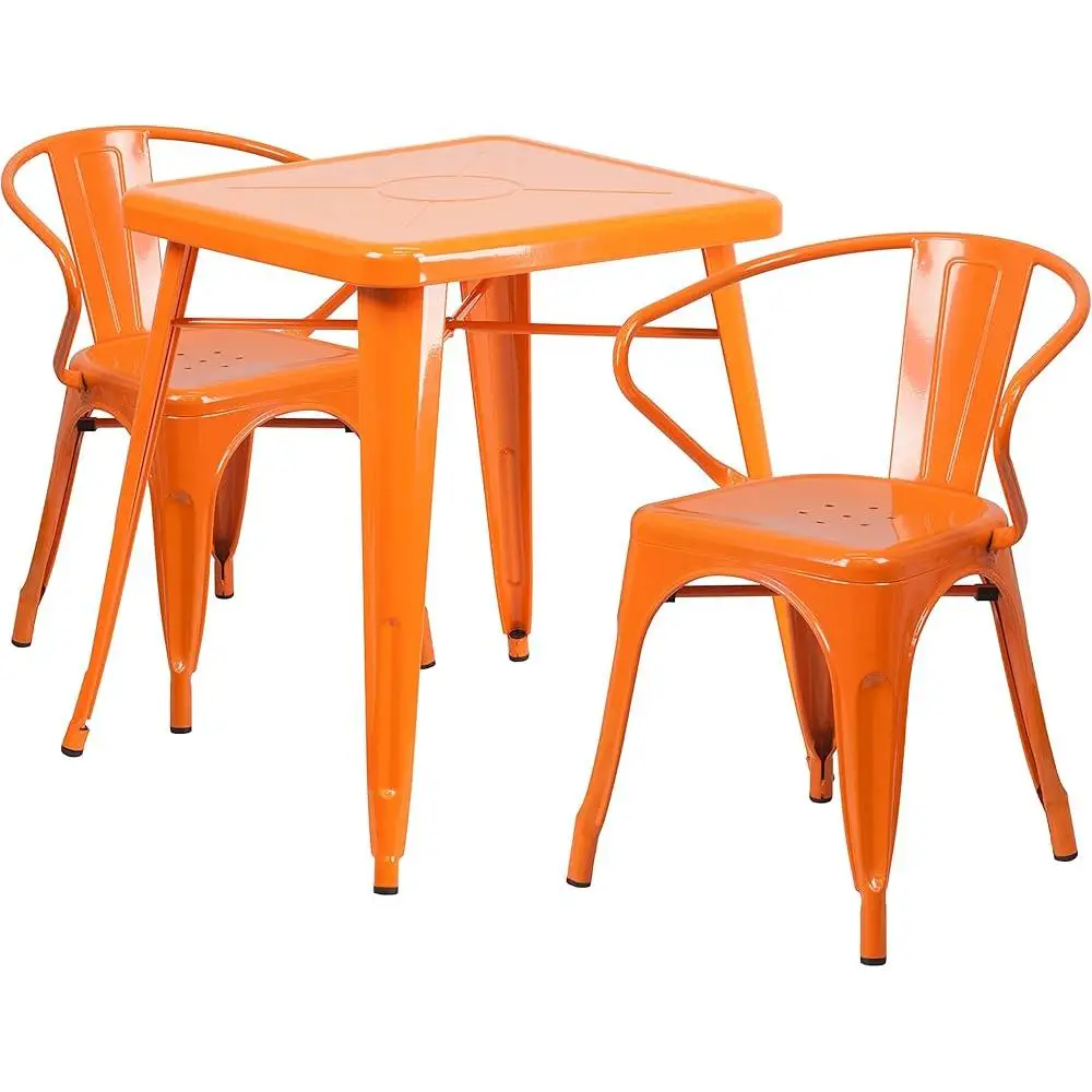 Commercial Grade 23.75 Inch Square Metal Table Set with 2 Arm Chairs Indoor Outdoor Use Durable Galvanized Steel Construction