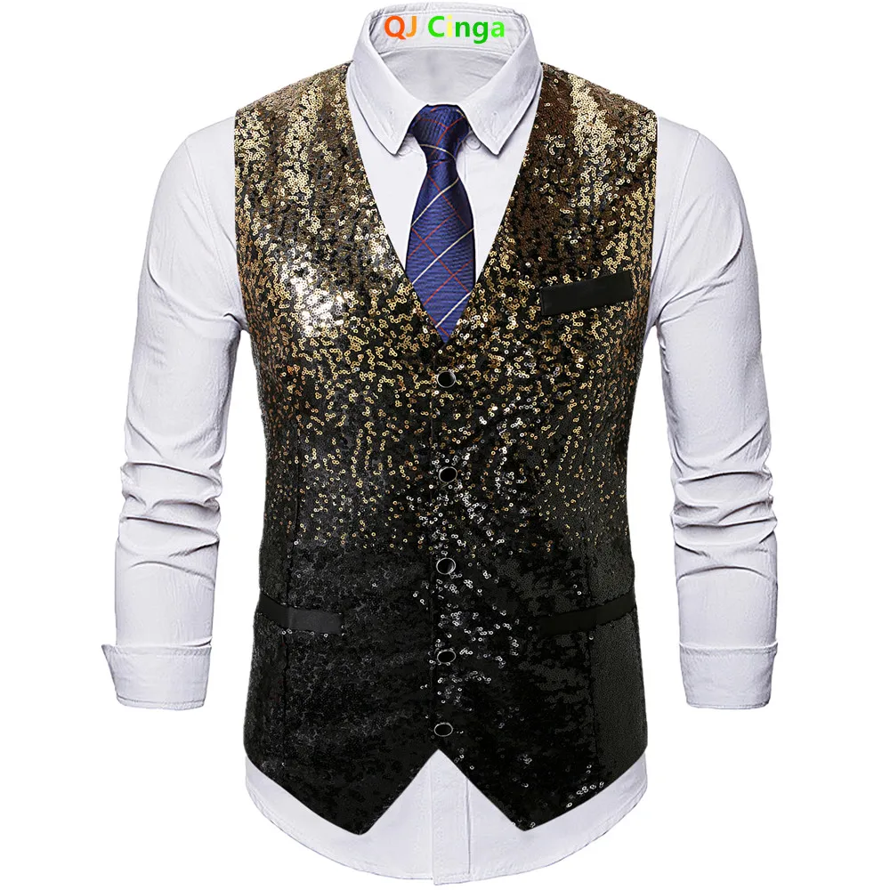 Men's Sequined Vest,adorned with Black and Gold Sequins,suitable for Business Leisure,formal/wedding,and Fashionable Party Vests