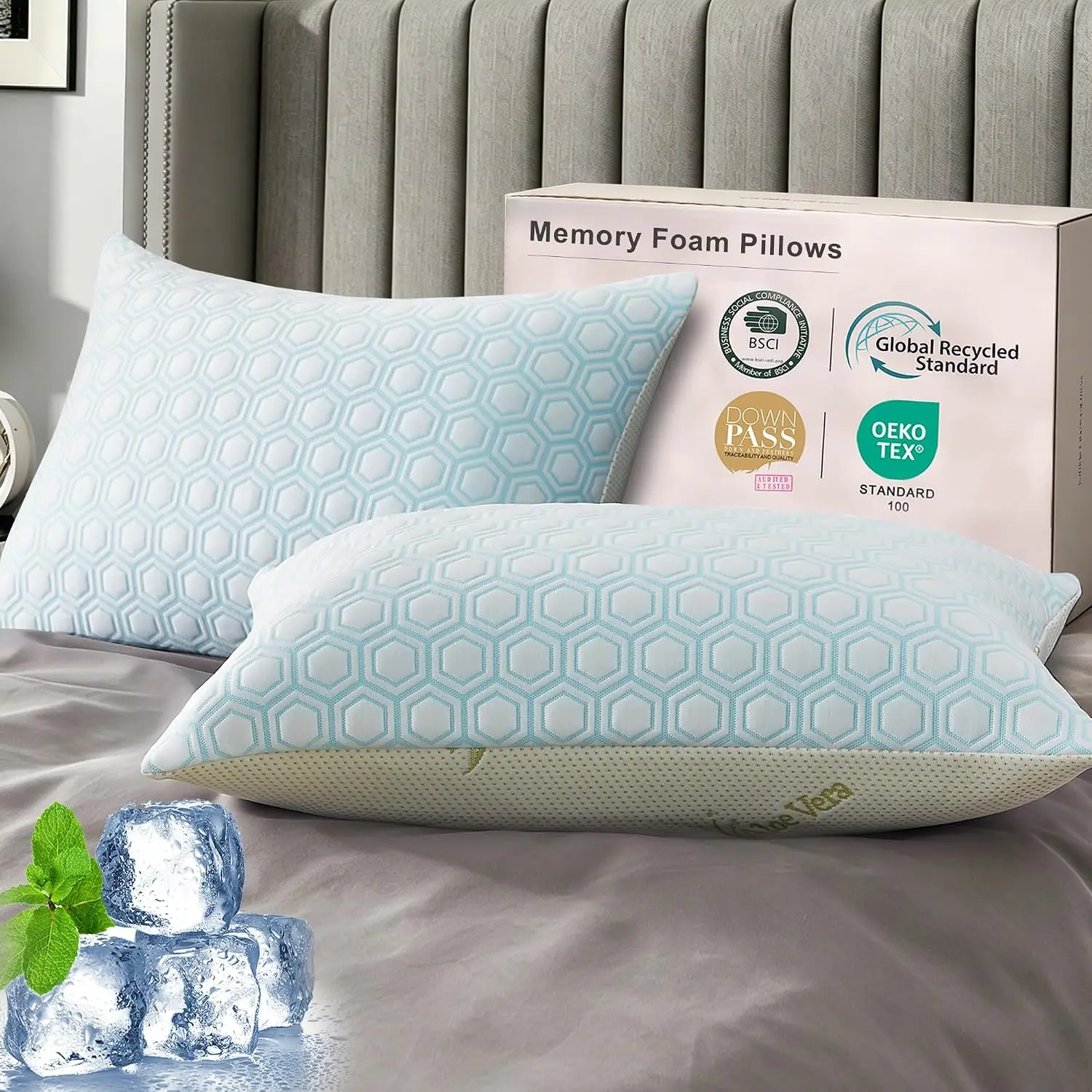 Memory Foam Pillows Queen Size Set of 2 Viscose from Bamboo Cooling Pillows for Hot Sleepers Adjustable Cool Pillow for Side Bac