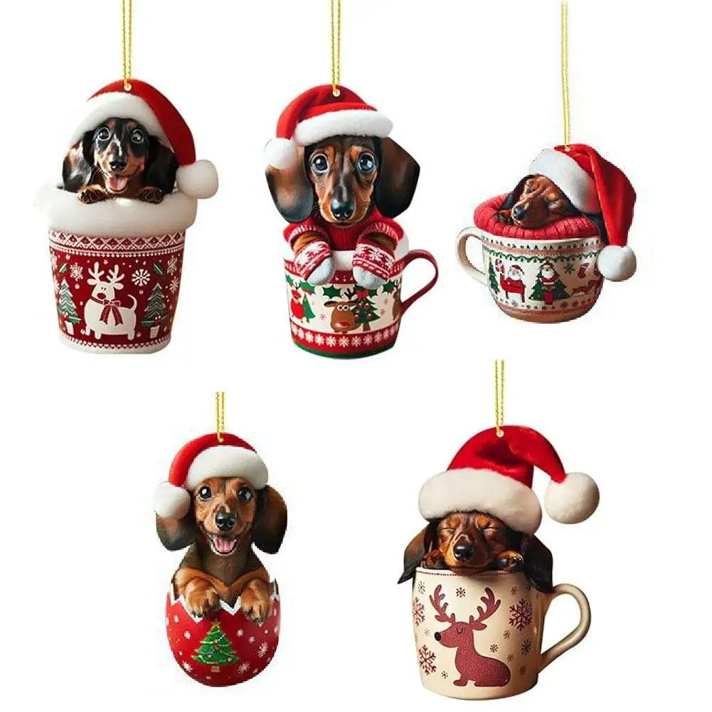 5PCS Cartoon Dachshund Dog Christmas Ornaments Cute Dog Hanging Decoration Xmas Tree Graphic Design Pendant Home Car Decor