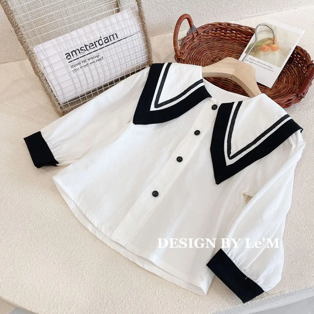 

Teenage girl's spring and autumn new style children's lapel pure cotton long sleeved shirt 110-160cm