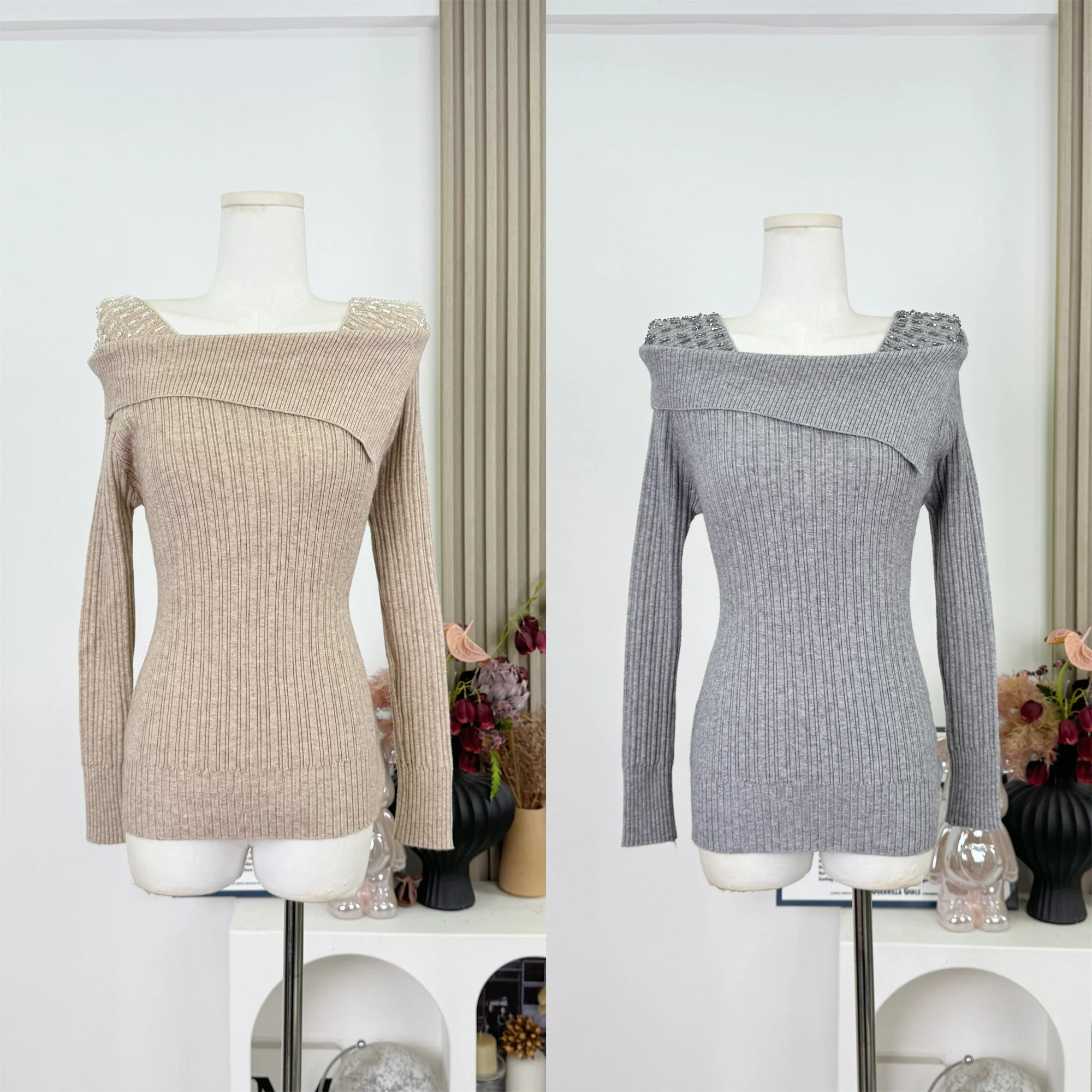 

Solid Sexy Slim Fit Off Shoulder Slash Neck Long Sleeve Knitting Sweater Women Jumpers Office Lady Fashion New F437