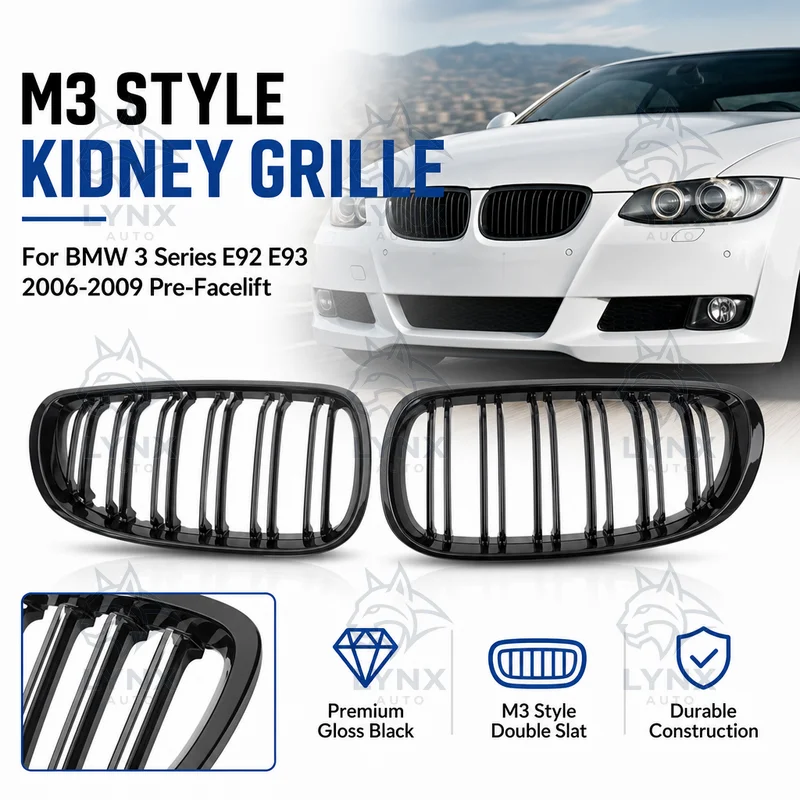 For BMW 3 Series E92 E93 Coupe Convertible 2006-2009 Pre-Facelift M3 Style Double Slat Gloss Black Kidney Grille