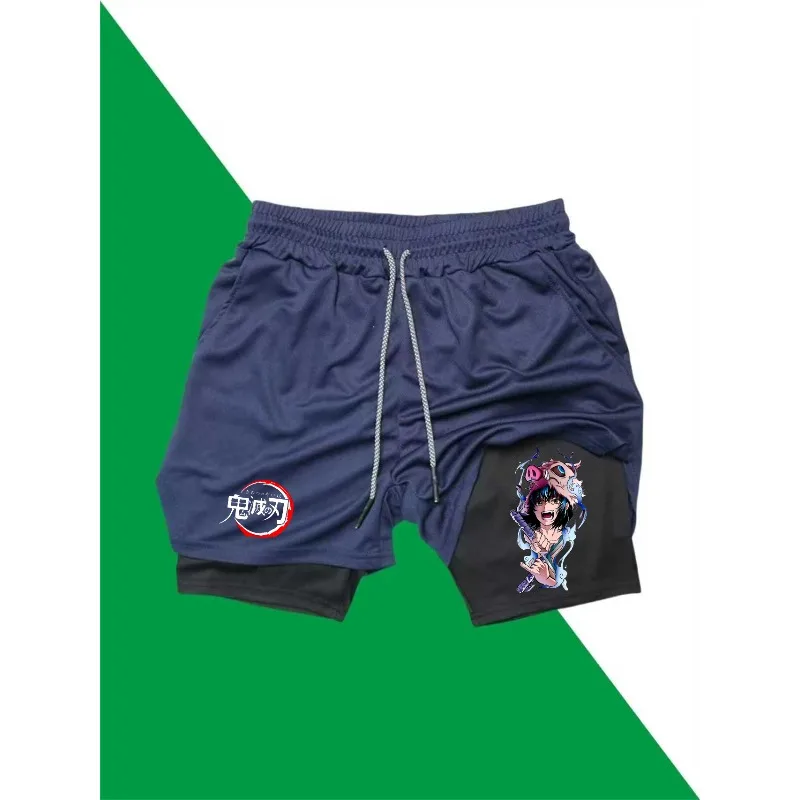 Hashibira Inosuke Print 2in1 Running Shorts Men Gym Workout Shorts with Phone Pocket Towel Loop Summer Sport Athletic Activewear