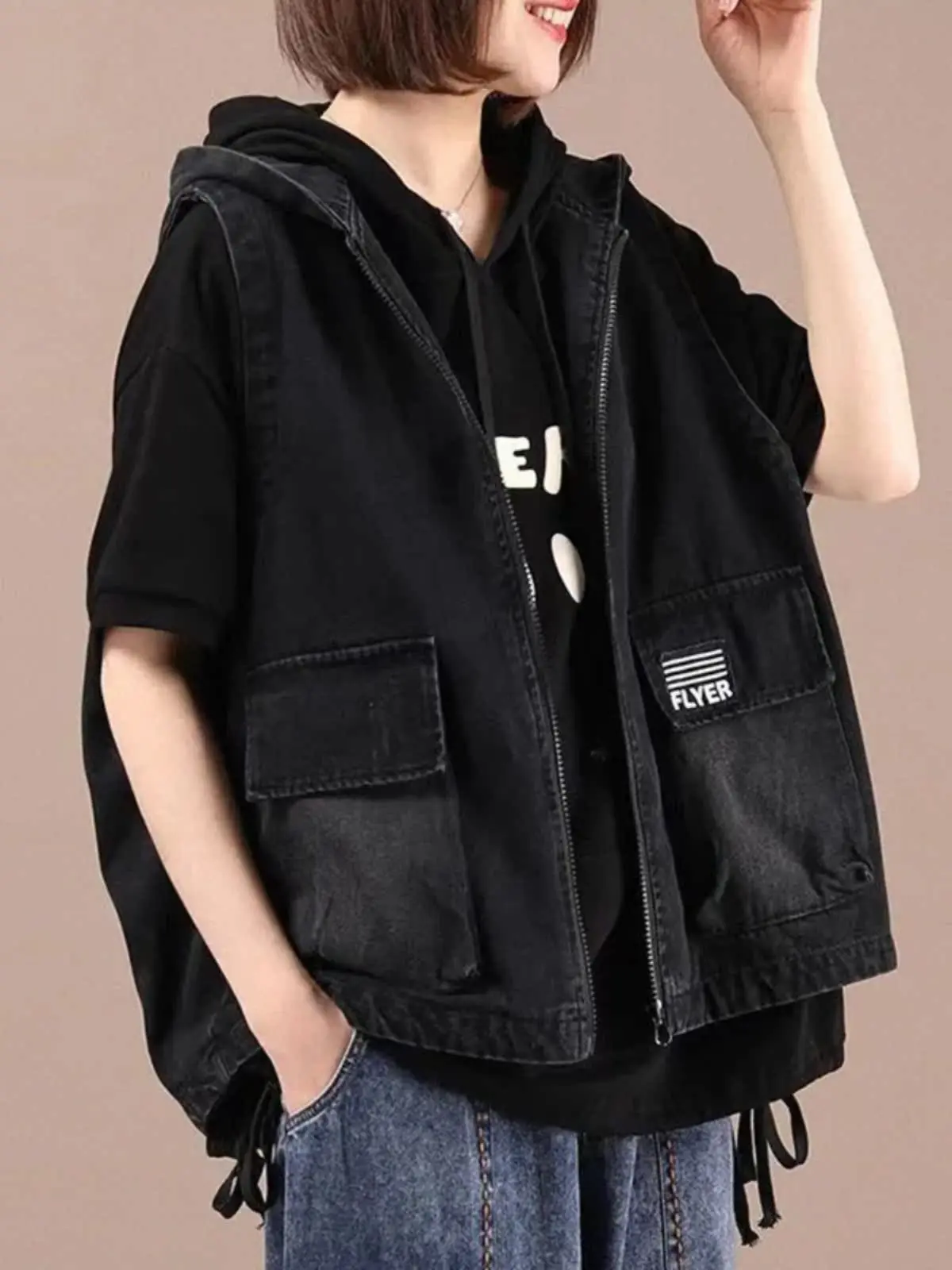 

Loose Casual Large Size Women's Denim Vest with Hood Retro Pear ape Jaet Outerwear Oversized Jeans Material Summer 2023