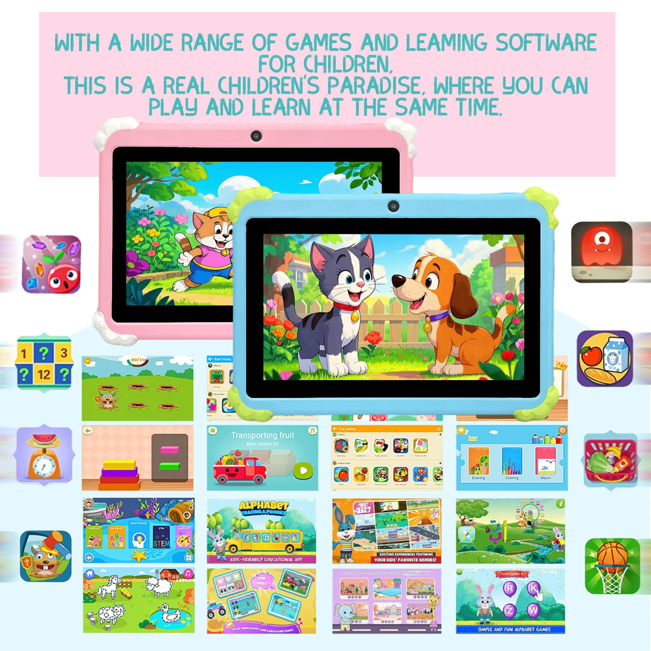 Deeply Loved by Children 7inch Tablets, the Latest Best-Selling Models, Android Systems, Supports Wifi and Dual Camera Functions, Parents to Control Establish Safety Internet Environments, Choose Two Colors, Beloved Gifts for Children, Not Configurated Plugs