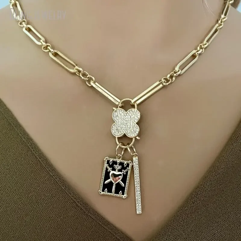 10pcs K Gold Color CZ Carabiner Necklace Cable Chain Clover Clasp  Charm Mother of Pearl Women Jewelry Bridesmaid Gifts