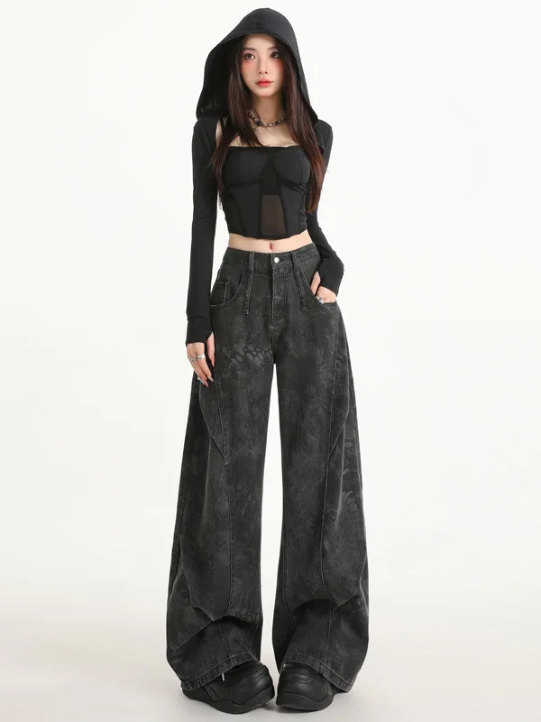 

Fashionable Spicy Girl Style Wide Leg Pants Printed Streetwear INS Personality Trendy Straight Leg Jeans High Waist Denim Ski...