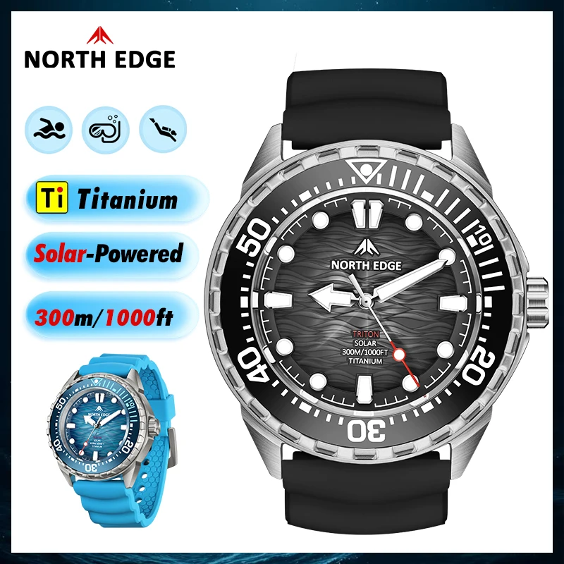 2025 NORTH EDGE NEW+ TRITON-TI Titanium Solar-Powered Diving Watch Luxury Quartz Watches For Men 300M Waterproof 180+ Day Power