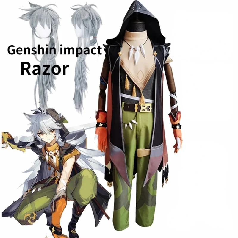 Anime Game Genshin Impact Razor Genshin Cosplay Costume Shoes Necklace Uniform Wig Anime Halloween Party Outfit Full Sets Wigs