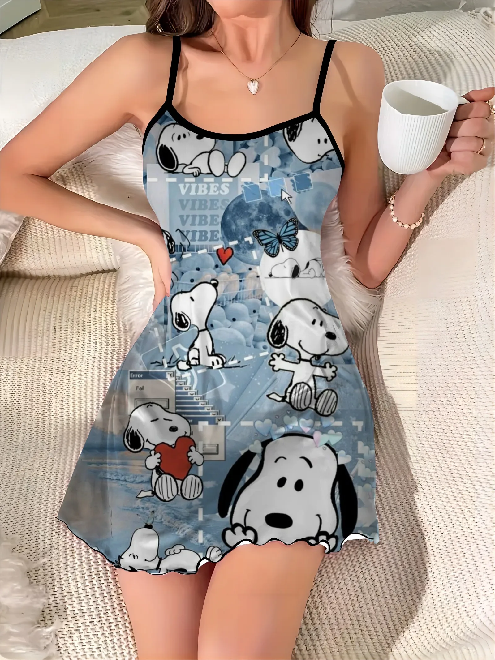 Crew Neck Sexy Dress Satin Surface Snoopy Elegant Dresses for Women Pajama Skirt Lettuce Trim Fashion Summer 2024 Chic Mini Trim