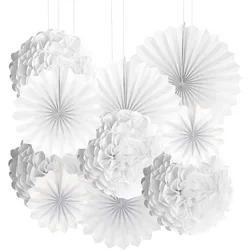 10Pcs White Paper Pom-poms Fans Flowers Hanging Decoration for Birthday Wedding Bridal Shower Party Photo Booth Backdrops Supply