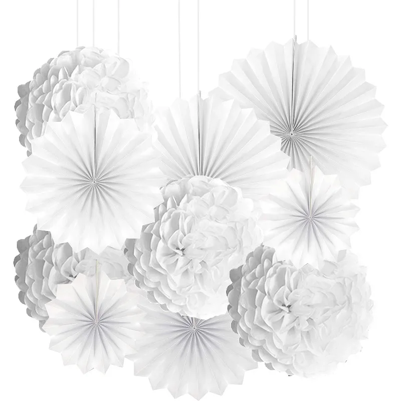 10Pcs Biały papier Pom-poms Fani Kwiaty Wisząca dekoracja na urodziny Ślub Wieczór panieński Impreza Fotobudka Tła Dostawa